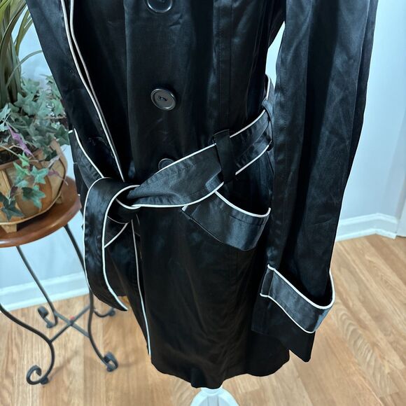 iz Byer California Black Trench Jacket S Padded Shoulder Pockets Button Front - Picture 4 of 14